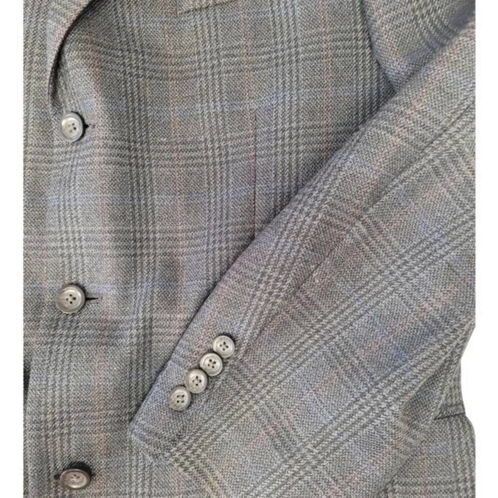 Men's Oscar De La Renta Gray Lambs wool Plaid Three Button Vintage Blazer Jacket
